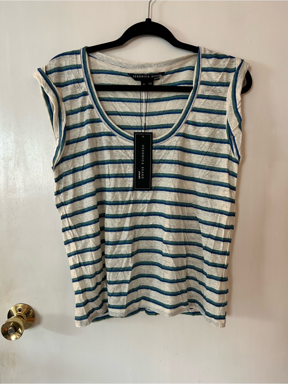 Veronica Beard White and Blue Striped Scoop Neck Tank